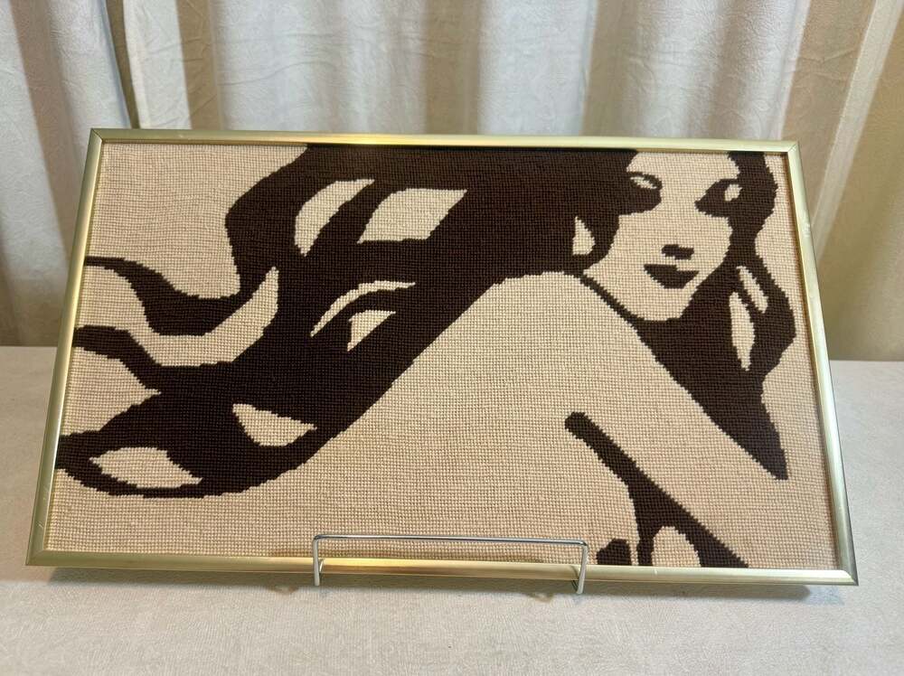 Vintage MidCentury Modern Minimalist Female Silhouette Needlepoint in Gold Frame
